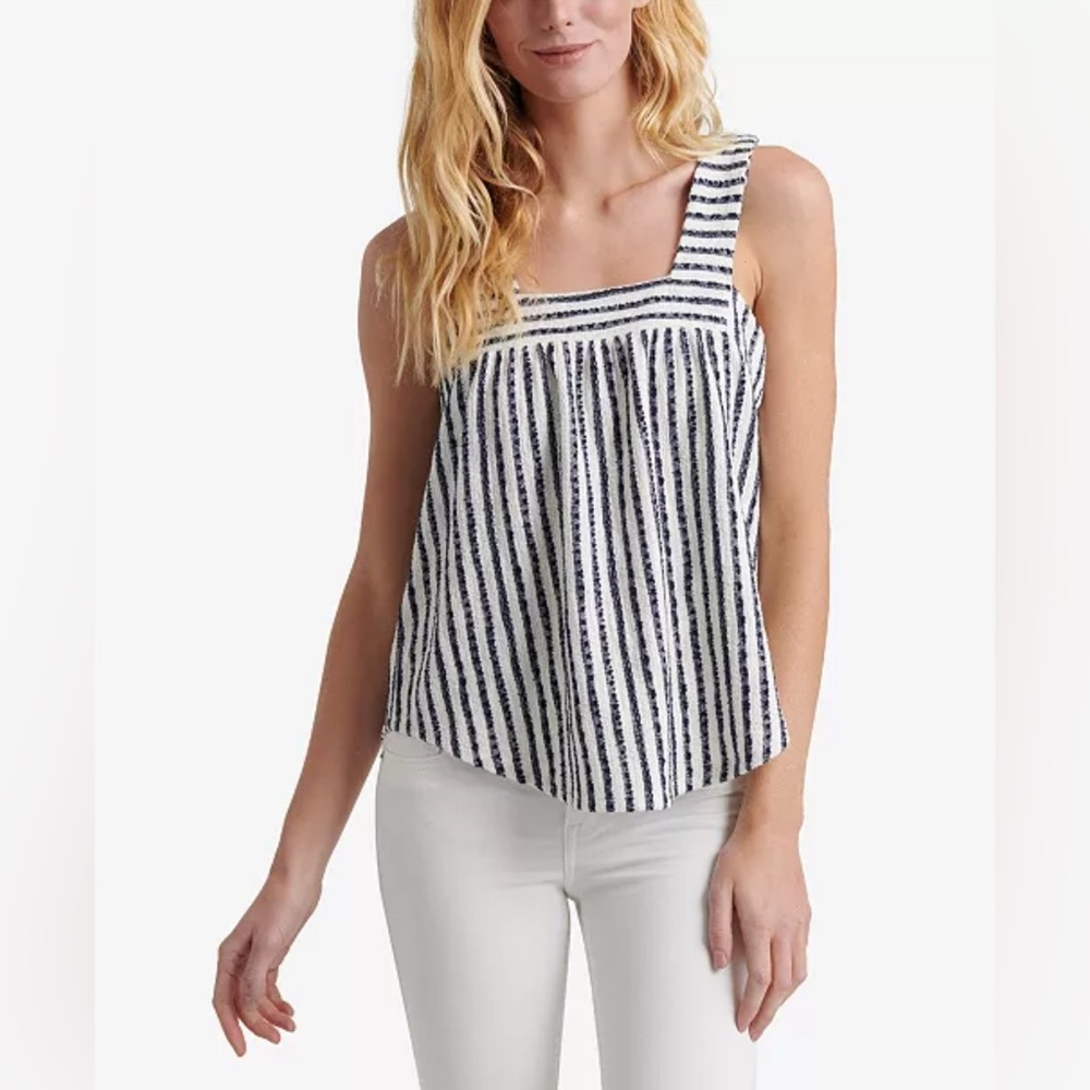 Lucky Brand Square Neck Smocked tank size Large. Textured stripes